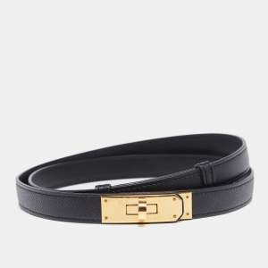 Pre Owned Hermes Black Swift and Epsom Leather Gold Finish Kelly 18 Adjustable Belt 