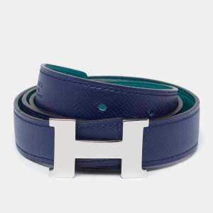 Pre Owned Hermes Blue Malachite/Menthe Epsom and Swift Leather Mini Constance Reversible Belt 75CM