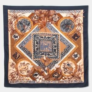 Pre Owned Hermès Brown & Blue Le Jardin Des Coptes Cashmere Silk Scarf