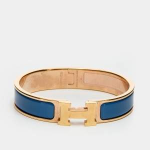 Pre Owned Hermès Clic H Blue Enamel Rose Gold Plated Narrow Bracelet
