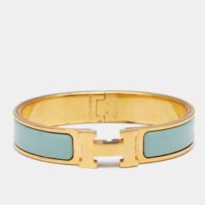 Pre Owned Hermès Clic H Aqua Blue Enamel Gold Plated Narrow Bracelet