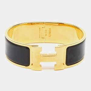 Pre Owned Hermès Clic Clac H Black Enamel Gold Plated Wide Bracelet