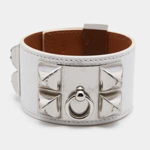 Pre Owned Hermès White Leather Palladium Plated Collier de Chien Bracelet T2