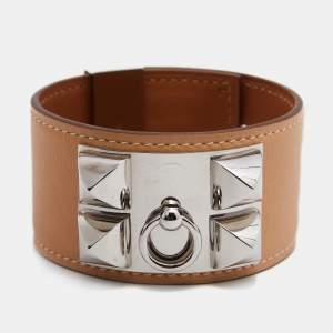Pre Owned Hermès Cream Leather Palladium Plated Collier de Chien Bracelet