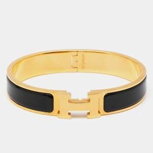 Pre Owned Hermes Clic H Black Enamel Gold Tone Metal Bracelet PM