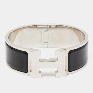 Pre Owned Hermès Clic Clac H Black Enamel Palladium Plated Wide Bracelet PM