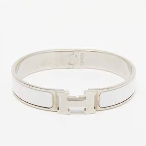 Pre Owned Hermes Clic H White Enamel Palladium Plated Metal Bracelet