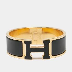 Pre Owned Hermes Clic H Black Enamel Gold Tone Metal Bracelet