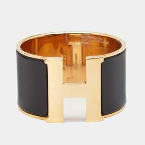 Pre Owned Hermès Clic Clac H Black Enamel Gold Tone Metal Extra Wide Bracelet
