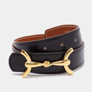 Pre Owned Hermes Black/Gold Courchevel and Box Leather H Hippique Reversible Belt 78CM