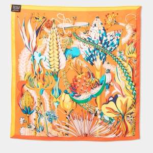 Pre Owned Hermès Orange Foliage Print Silk Scarf