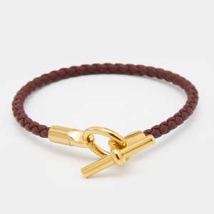 Pre Owned Hermes Glenan H Brown Leather Gold Tone Metal Bracelet