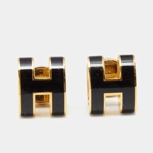 Pre Owned Hermès Pop H Black Lacquered Gold Tone Stud Earrings