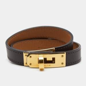 Pre Owned Hermes Kelly Double Tour Brown Leather Gold Tone Wrap Bracelet S