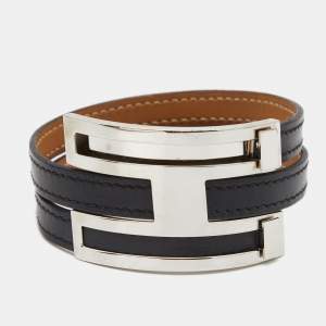 Hermes Pousse Pousse Black Leather Palladium Plated Adjustable H Bracelet