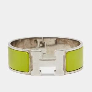 Pre Owned Hermès Clic Clac H Neon Green Enamel Palladium Plated Wide Bracelet