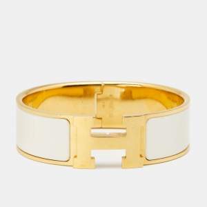 Pre Owned Hermès Clic Clac H White Enamel Gold Plated Wide Bracelet