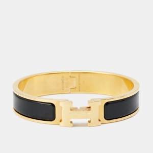 Pre Owned Hermes Clic H Black Enamel Gold Plated Metal Bracelet 