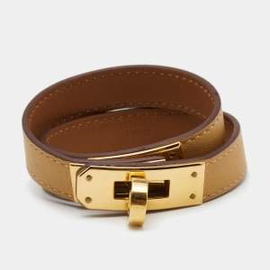 Pre Owned Hermes Kelly Double Tour Beige Leather Gold Plated Bracelet
