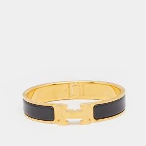 Pre Owned Hermès Clic H Black Enamel Gold Plated Narrow Bracelet