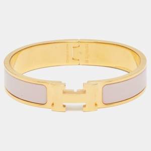 Pre Owned Hermes Clic H Nude Pink Enamel Gold Plated Narrow Bracelet PM