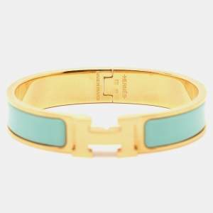 Pre Owned Hermès Clic H Blue Enamel Gold Tone Metal Narrow Bracelet