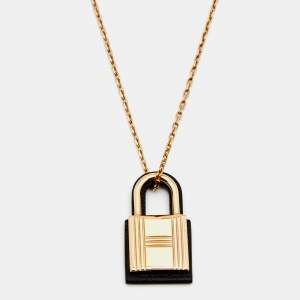 Pre Owned Hermès Rose Gold Tone Black Leather O'Kelly Pendant Necklace