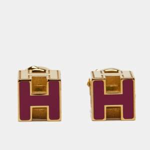 Pre Owned Hermès Cage d'H Gold Plated Pink Lacquer Stud Earrings
