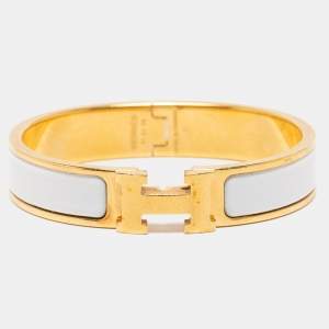 Pre Owned Hermès Clic H White Enamel Gold Plated Narrow Bracelet
