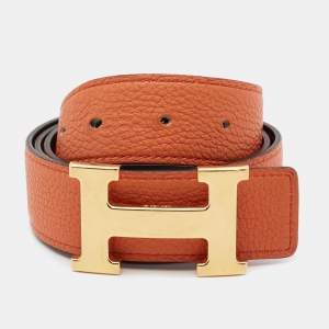 Pre Owned Hermes Orange/Chocolat Togo and Box Leather H Buckle Reversible Belt 75CM