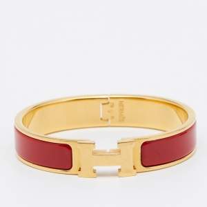 Pre Owned Hermes Clic H Red Enamel Gold Plated Narrow Bracelet