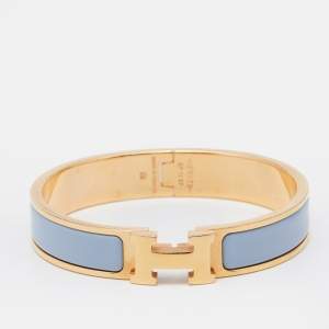 Pre Owned Hermes Clic H Blue Enamel Gold Plated Narrow Bracelet