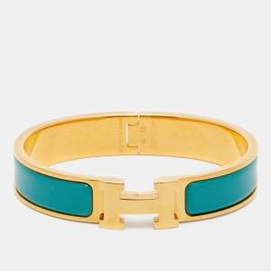 Pre Owned Hermes Clic H Turquoise Enamel Gold Plated Bracelet