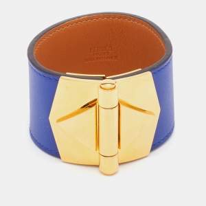 Pre Owned Hermès Deep Blue Leather Gold Plated Bérénice Cuir Wrap Bracelet M
