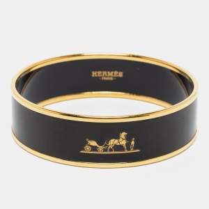 Pre Owned Hermes Caleche Black Enamel Gold Plated Wide Bangle Bracelet