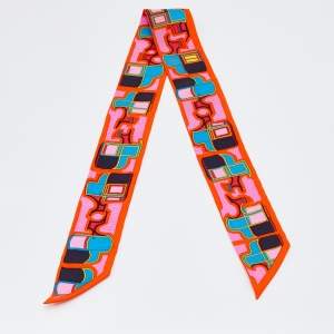 Pre Owned Hermès Orange Wagon Print Silk Twilly