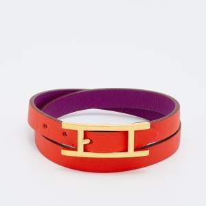 Pre Owned Hermès Behapi Orange & Purple Leather Double Tour Reversible Bracelet XS