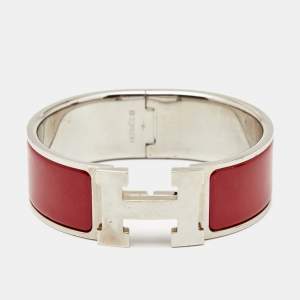 Pre Owned Hermès Clic Clac H Red Enamel Palladium Plated Wide Bracelet