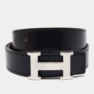 Pre Owned Hermes Black/Chocolat Chamonix and Togo Leather H Buckle Reversible Belt 85 CM