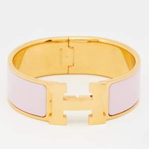Pre Owned Hermes Clic Clac H Pink Enamel Gold Plated Wide Bracelet