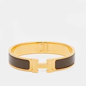 Pre Owned Hermes Clic H Brown Enamel Gold Plated Narrow Bracelet