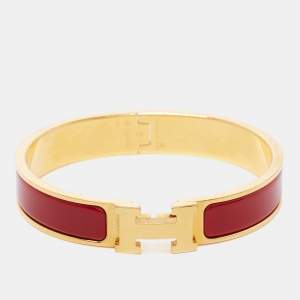 Pre Owned Hermès Clic H Enamel Rose Gold Plated Narrow Bracelet