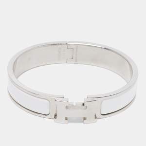 Pre Owned Hermes Clic H White Enamel Palladium Plated Narrow Bracelet