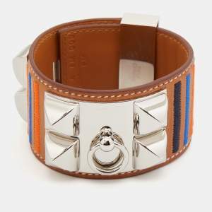 Pre Owned Hermes Collier De Chien Brown Leather Striped Palladium Plated Bracelet T2