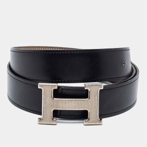 Pre Owned Hermes Noir/Etoupe Chamonix and Togo Leather H Strie Reversible Belt 90 CM