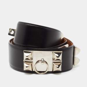 Pre Owned Hermes Noir Chamonix Leather Palladium Plated Collier de Chien Belt 90 CM
