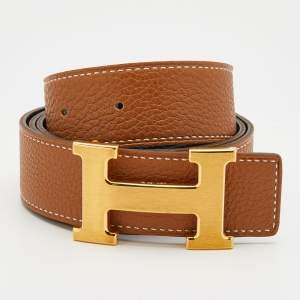 Pre Owned Hermes Gold/Black Togo/Box Leather H Buckle Belt 85CM