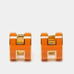 Pre Owned Hermès Orange Lacquer Gold Plated Pop H Earrings