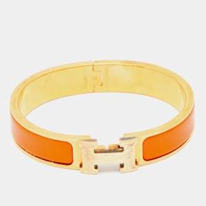 Pre Owned Hermès Clic H Orange Enamel Gold Plated Narrow Bracelet
