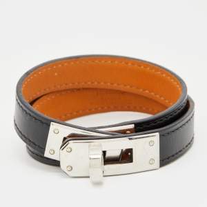 Pre Owned Hermes Black Leather Palladium Plated Kelly Double Tour Bracelet